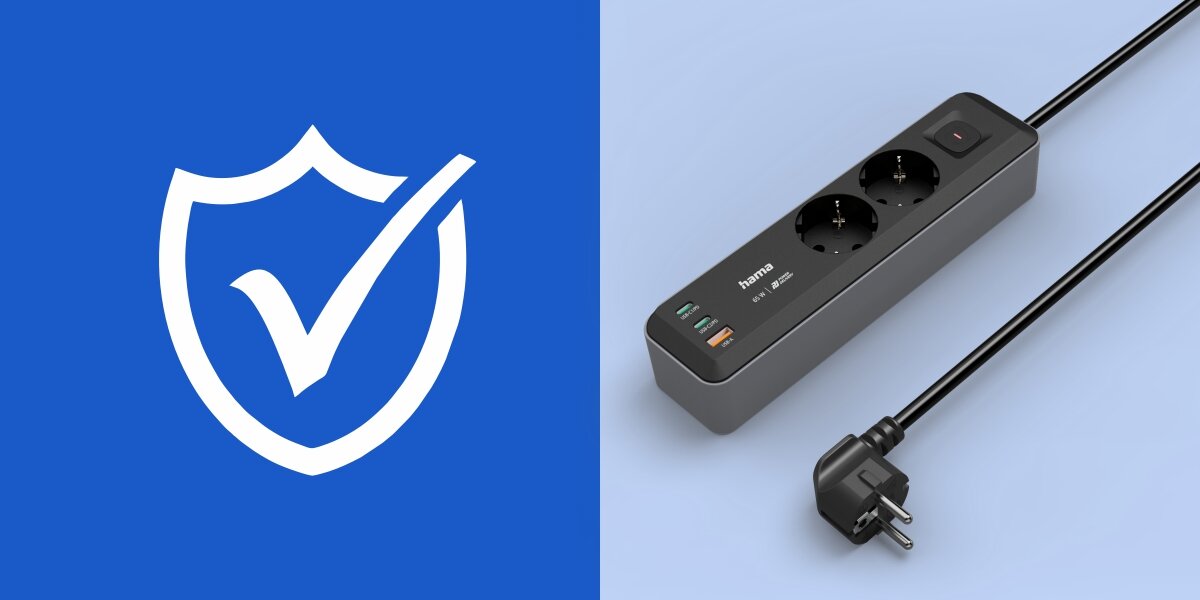 Listwa HAMA Schuko 223193 (1.4 m) - Listwa Hama z dwubiegunowym włącznikiem i ochroną styków, listwa na niebieskim tle