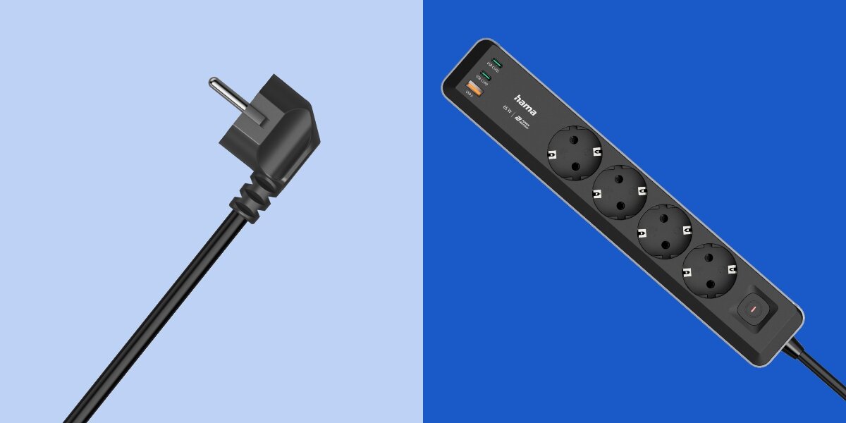 Listwa HAMA Schuko 223194 z 4 gniazdami i 3 portami USB, listwa wraz z kablem zasilającym na niebieskim tle