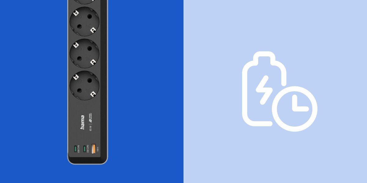 Listwa HAMA Schuko 223194 (1.4 m) -  z 2 USB-C i 1 USB-A do szybkiego ładowania, 65 W, Power Delivery 3.0 oraz szybkie ładowanie Fast Charge, listwa na niebieskim tle