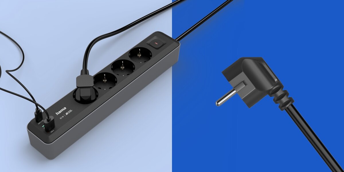 Listwa HAMA Schuko 223194 (1.4 m) -  z pełną mocą i możliwością jednoczesnego zasilania wielu urządzeń, listwa na niebieskim tle