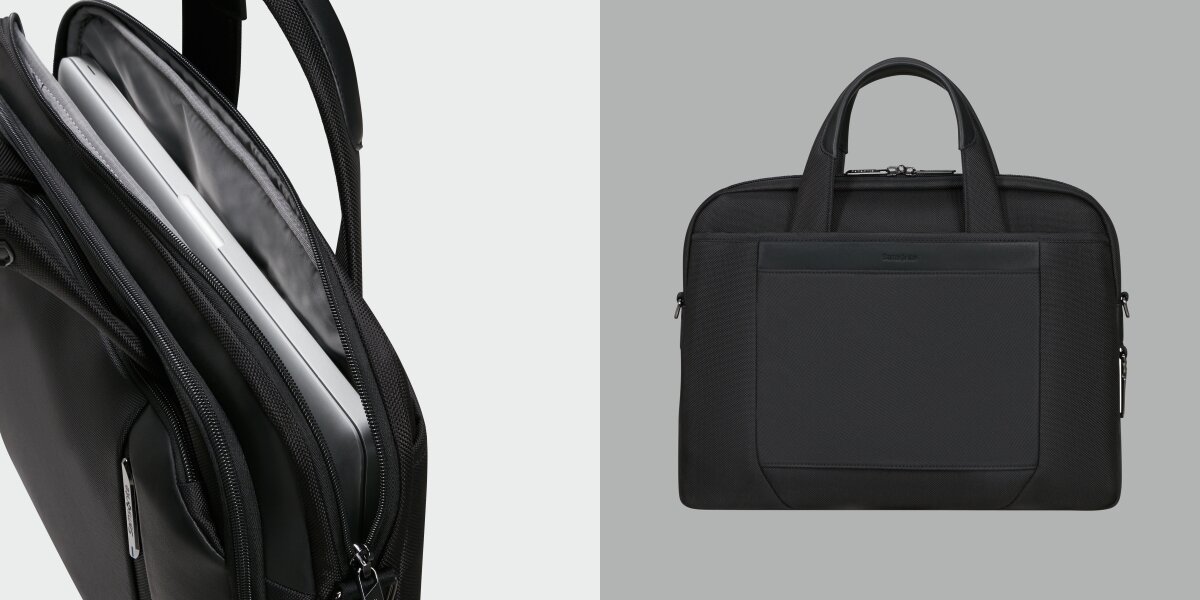 Torba na laptopa SAMSONITE Spectrolite 4.0 Slim 15.6 cali - Przemyślana organizacja, organizer, kieszenie na dokumenty, kieszeń siatkowa, torba po skosie na białym tle