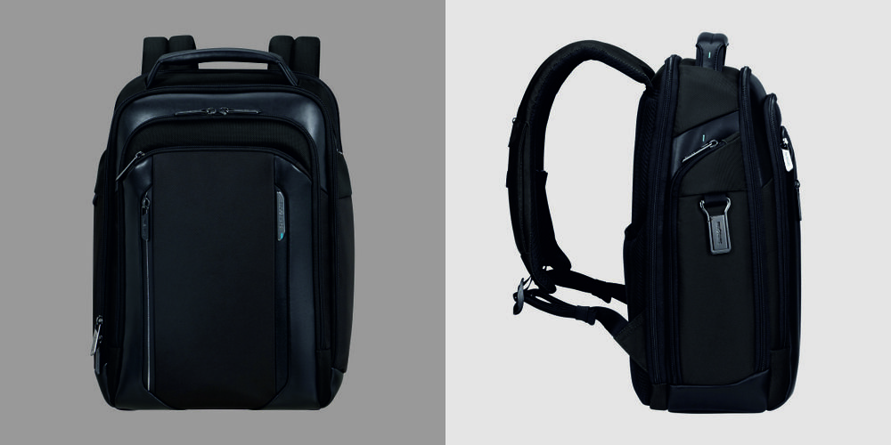 Plecak na laptopa SAMSONITE Spectrolite 4.0 15.6 cali - Podział na trzy komory, Szerokie otwieranie zamków, plecak od frontu na szaro-białym tle