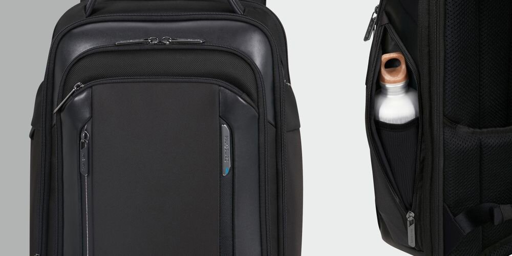 Plecak na laptopa SAMSONITE Spectrolite 4.0 15.6 cali - Przemyślana organizacja, dwa schowki na suwak, trzy przegródki na akcesoria, RFID,  plecak z boku na szarym tle