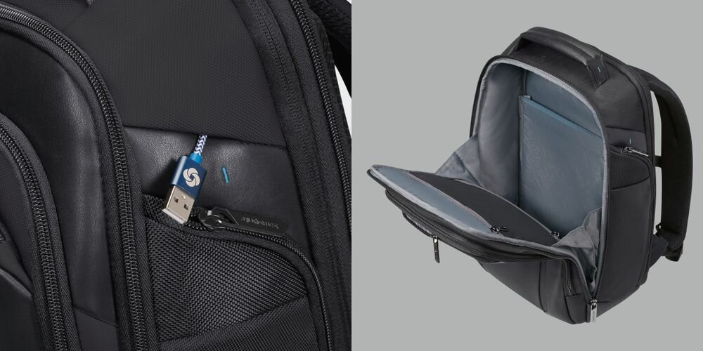 Plecak na laptopa SAMSONITE Spectrolite 4.0 15.6 cali - Miejsce na rzeczy osobiste, siatkowana kieszeń na zamek, otwarty plecak po skosie na szarym tle