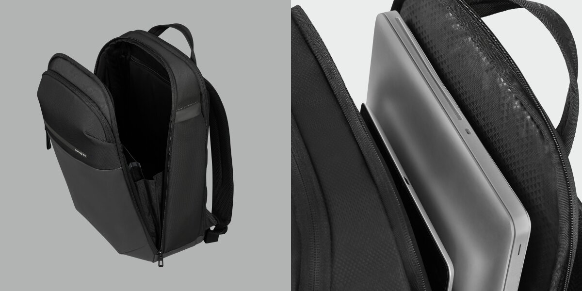 Plecak na laptopa SAMSONITE Moderny 17.3 cali - Organizacja wnętrza, kieszeń siatkowana, plecak po skosie na szarym tle