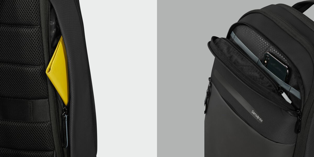 Plecak na laptopa SAMSONITE Moderny 17.3 cali - Kieszenie zewnętrzne, plecak po skosie na szarym tle