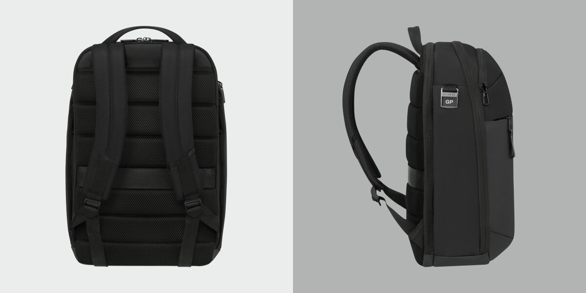 Plecak na laptopa SAMSONITE Moderny 17.3 cali - Komfort noszenia, Regulowane szelki, oddychająca pianka, uchwyt, plecak na szarym tle