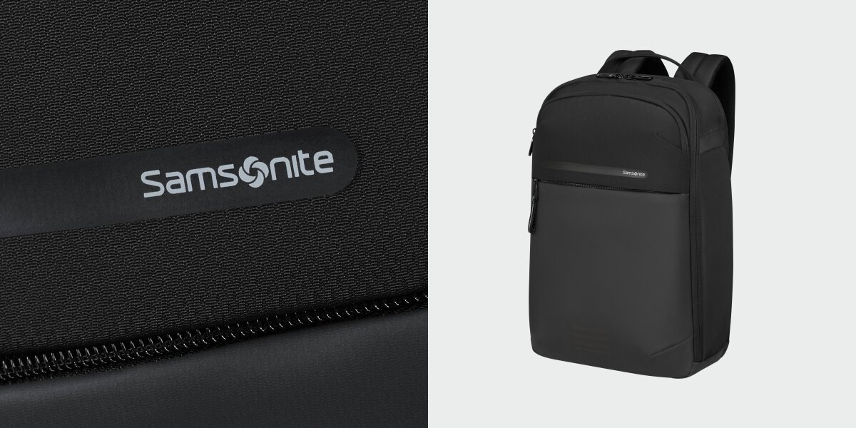 Plecak na laptopa SAMSONITE Moderny 17.3 cali - Materiał i wykonanie, Recyclex, wodoodporność, plecak po skosie na jasnym tle