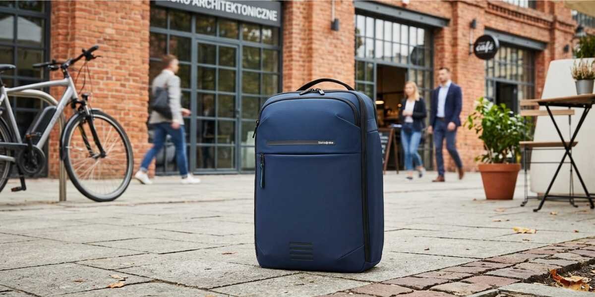 Plecak na laptopa SAMSONITE Moderny 17.3 cali Niebieski Szary plecak Samsonite postawiony na chodniku w miejskiej scenerii na tle nowoczesnego budynku z cegły. W tle widać rozmyte sylwetki przechodniów oraz rowerzystę.