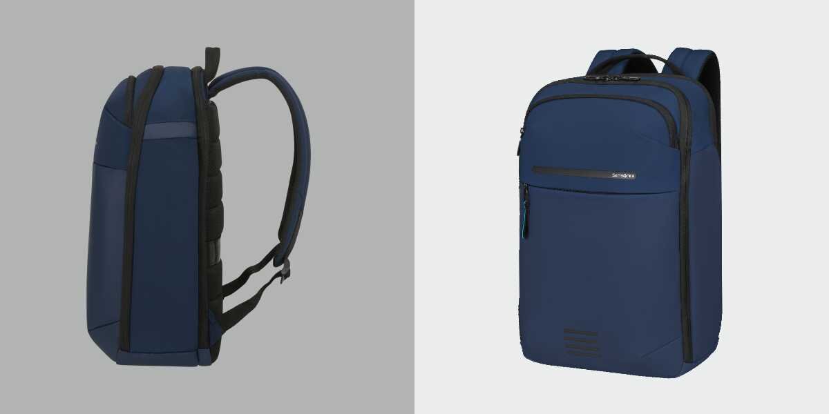 Plecak na laptopa SAMSONITE Moderny 17.3 cali Niebieski Dwa ujęcia szarego plecaka Samsonite: po lewej widok od przodu prezentujący minimalistyczny design, po prawej rzut pod kątem ukazujący smukłą bryłę i profil urządzenia na jasnoszarym tle.