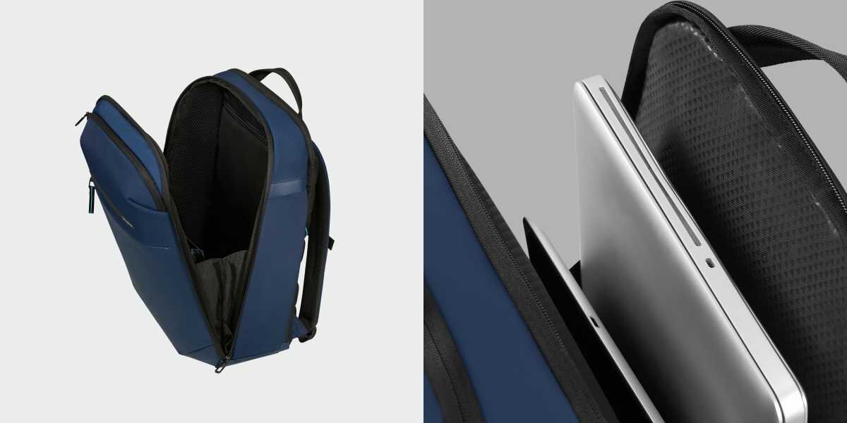 Plecak na laptopa SAMSONITE Moderny 17.3 cali Niebieski Prezentacja wnętrza szarego plecaka: po lewej otwarta główna komora, po prawej zbliżenie na dedykowaną, bezpieczną przegrodę z wsuniętym srebrnym laptopem.