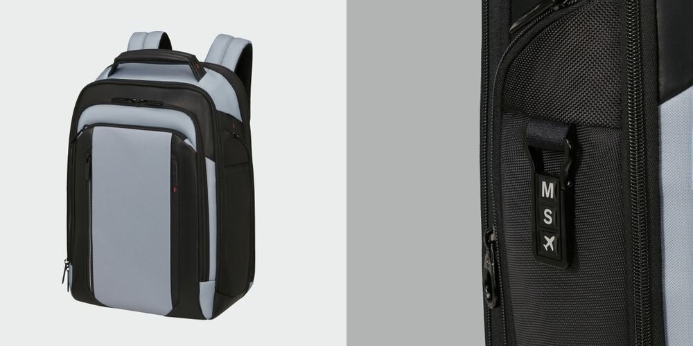 Plecak na laptopa SAMSONITE Spectrolite 4.0 15.6 cali - Solidność i szybki dostęp, oksydowane końcówki zamków, identyfikator z możliwością personalizacji,  plecak po skosie na białym tle