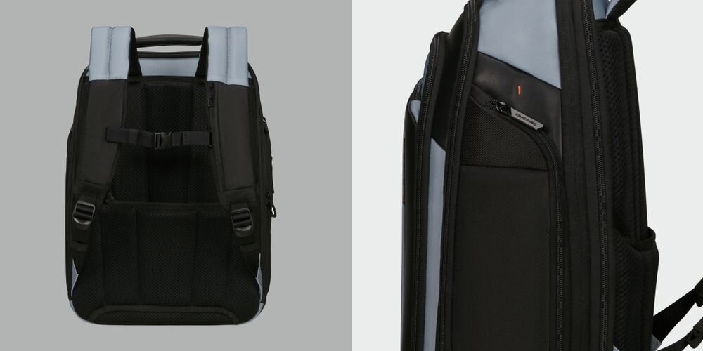 Plecak na laptopa SAMSONITE Spectrolite 4.0 15.6 cali - Kieszenie na akcesoria, dwie duże kieszenie na zamek, Ukryta kieszeń w szelce, kieszeń tylna na zamek,  plecak od tyłu na szarym tle