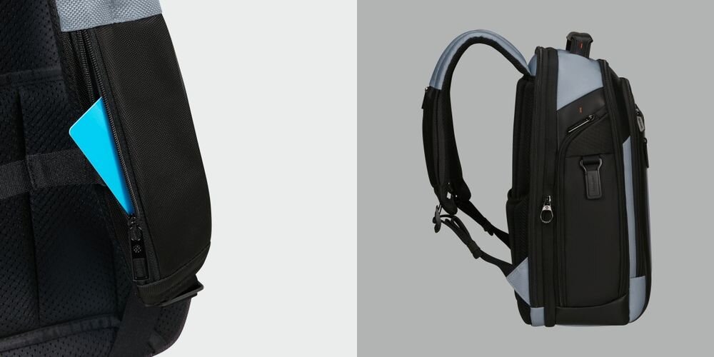 Plecak na laptopa SAMSONITE Spectrolite 4.0 15.6 cali - Podział na trzy komory, Szerokie otwieranie zamków, plecak od frontu na szaro-białym tle