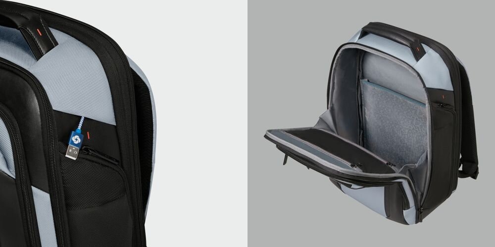 Plecak na laptopa SAMSONITE Spectrolite 4.0 15.6 cali - Miejsce na rzeczy osobiste, siatkowana kieszeń na zamek, otwarty plecak po skosie na szarym tle