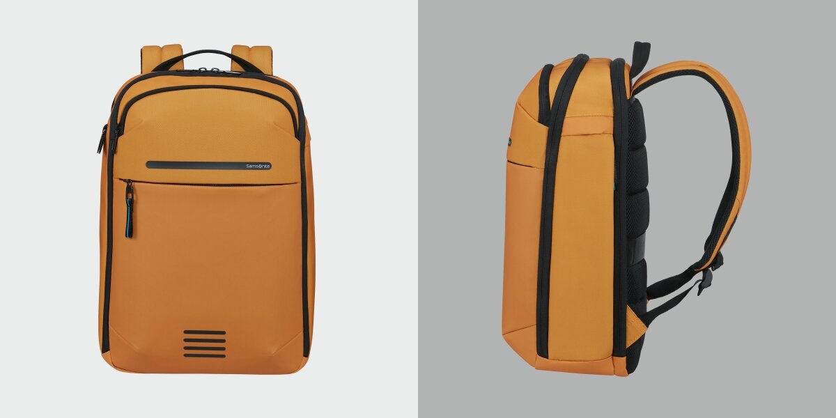 Plecak na laptopa SAMSONITE Moderny 15.6 cali - Przeznaczenie i styl, Uniwersalny, plecak od frontu oraz z boku na szarym tle