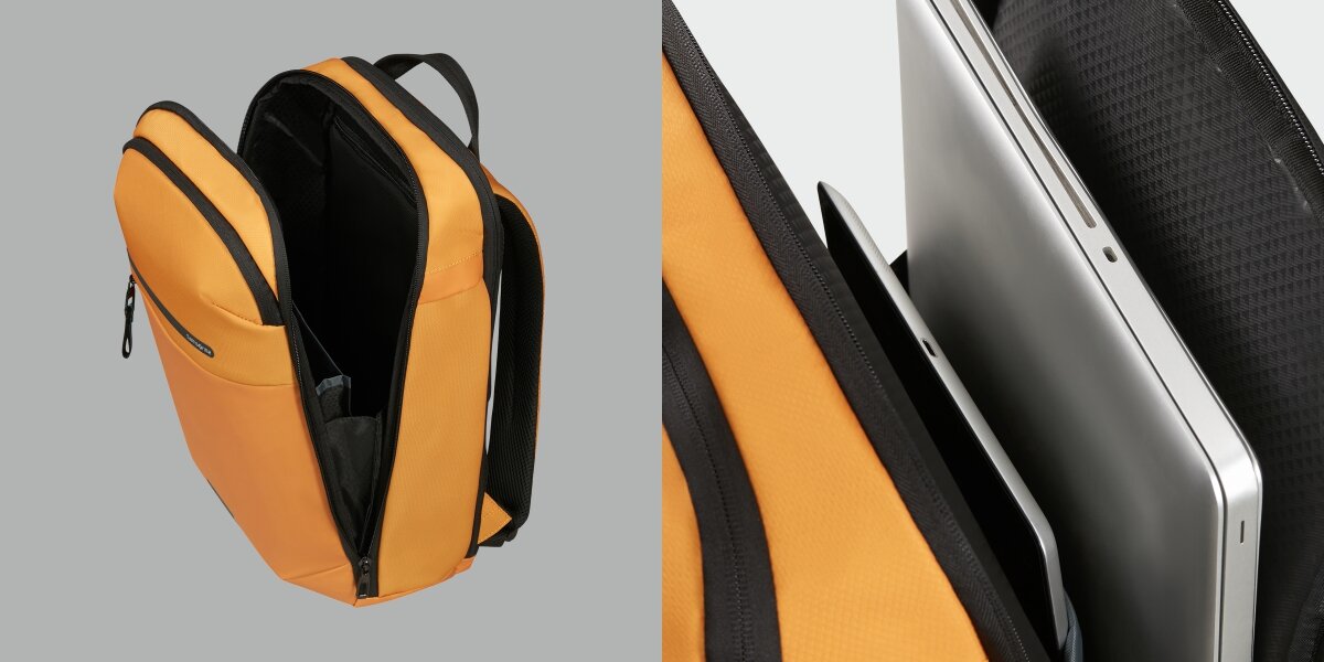 Plecak na laptopa SAMSONITE Moderny 15.6 cali - Organizacja wnętrza, dwie komory, komora na laptop, plecak po skosie na szarym tle, laptop włożony do plecaka