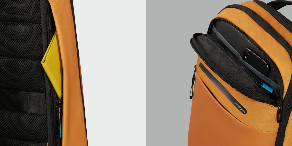 Plecak na laptopa SAMSONITE Moderny 15.6 cali - Kieszenie zewnętrzne, plecak po skosie na szarym tle