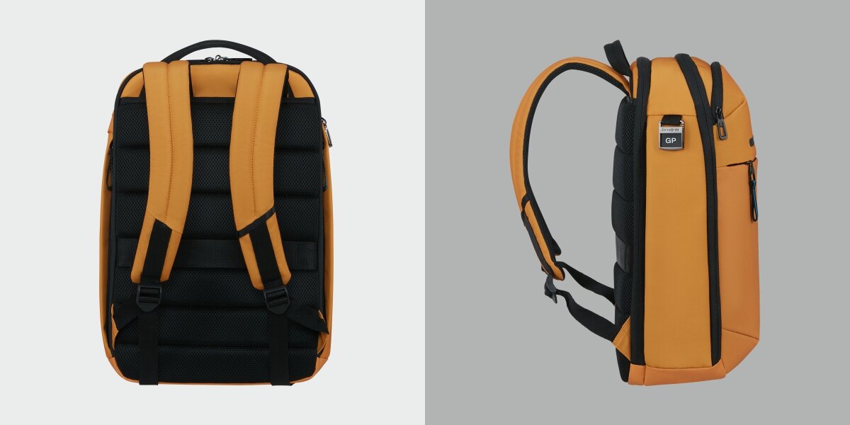 Plecak na laptopa SAMSONITE Moderny 15.6 cali - Komfort noszenia, Regulowane szelki, oddychająca pianka, plecak z boku na szarym tle