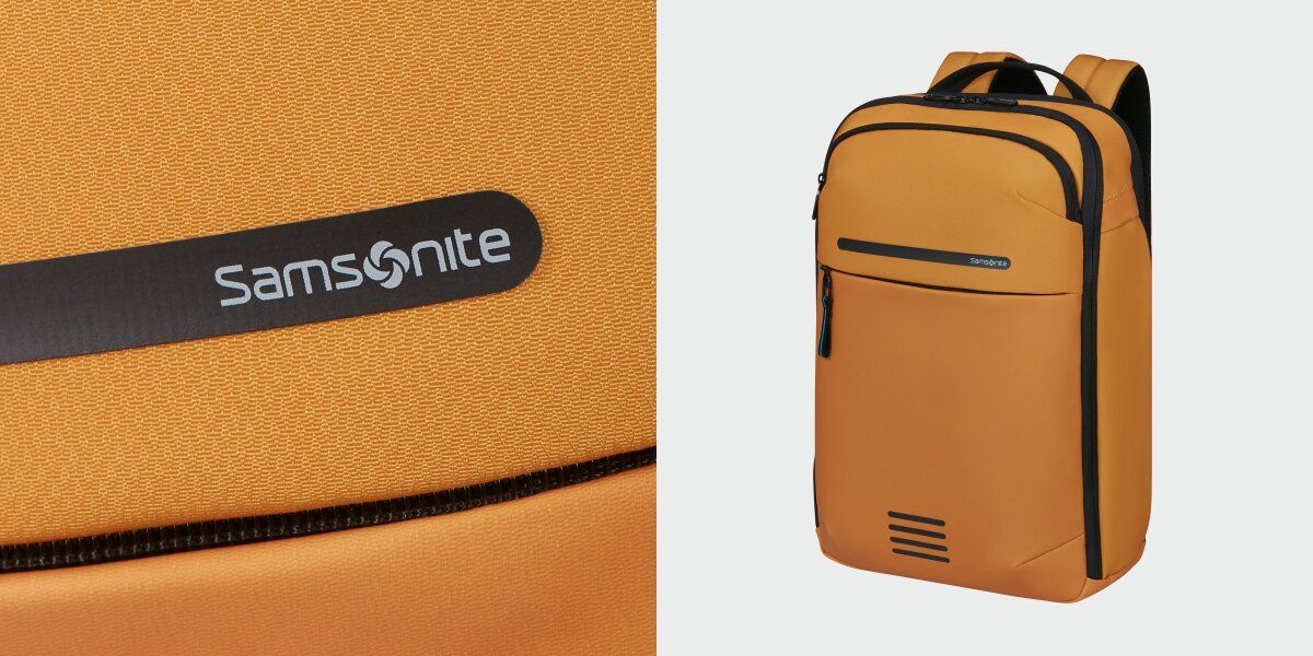 Plecak na laptopa SAMSONITE Moderny 15.6 cali - Materiał i wykonanie, tkanina Recyclex, wodoodporność, plecak po skosie na jasnym tle