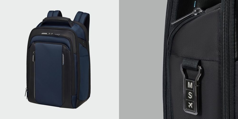 Plecak na laptopa SAMSONITE Spectrolite 4.0 15.6 cali - Solidność i szybki dostęp, oksydowane końcówki zamków, identyfikator z możliwością personalizacji,  plecak po skosie na białym tle