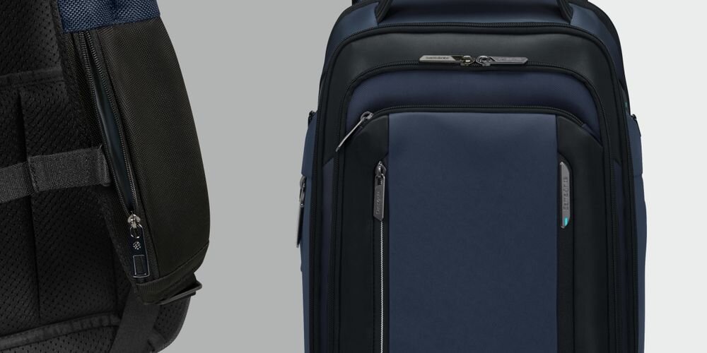 Plecak na laptopa SAMSONITE Spectrolite 4.0 15.6 cali - Podział na trzy komory, Szerokie otwieranie zamków, plecak od frontu na szaro-białym tle