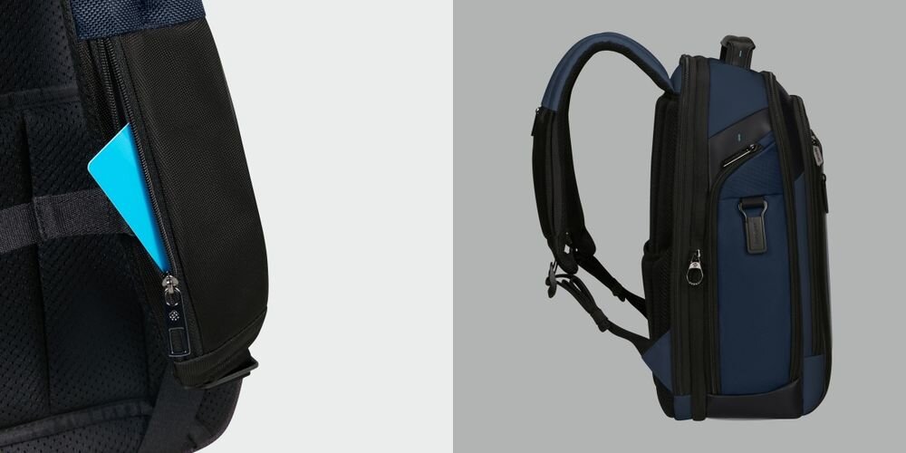 Plecak na laptopa SAMSONITE Spectrolite 4.0 15.6 cali - Przemyślana organizacja, dwa schowki na suwak, trzy przegródki na akcesoria, RFID,  plecak z boku na szarym tle