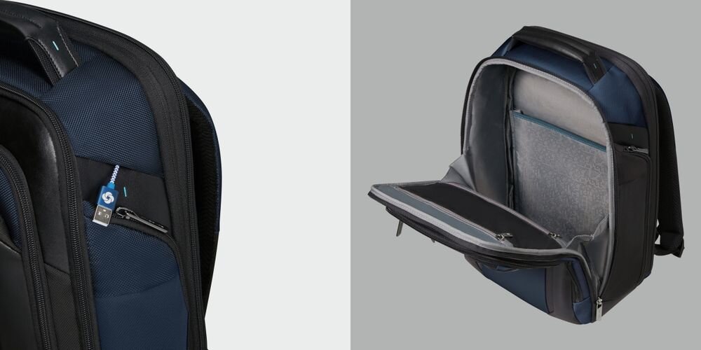 Plecak na laptopa SAMSONITE Spectrolite 4.0 15.6 cali - Miejsce na rzeczy osobiste, siatkowana kieszeń na zamek, otwarty plecak po skosie na szarym tle