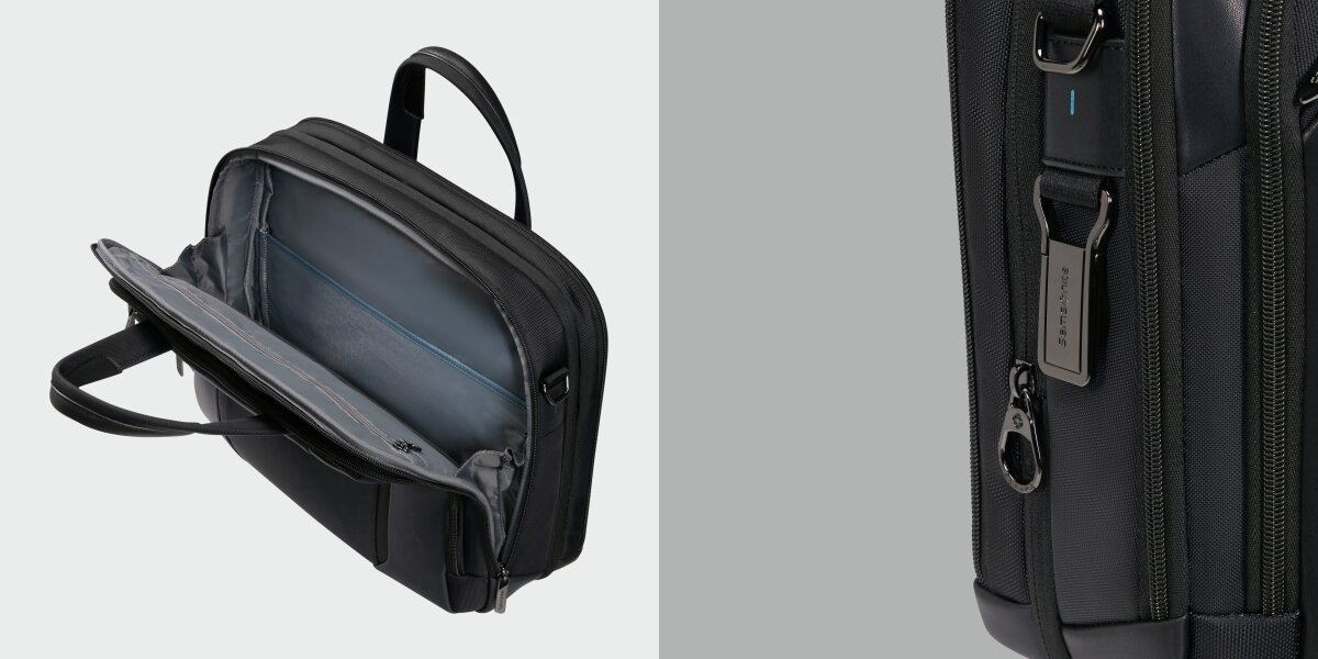 Przemyślana organizacja, organizer, kieszenie na dokumenty, kieszeń siatkowa, torba po skosie na białym tle