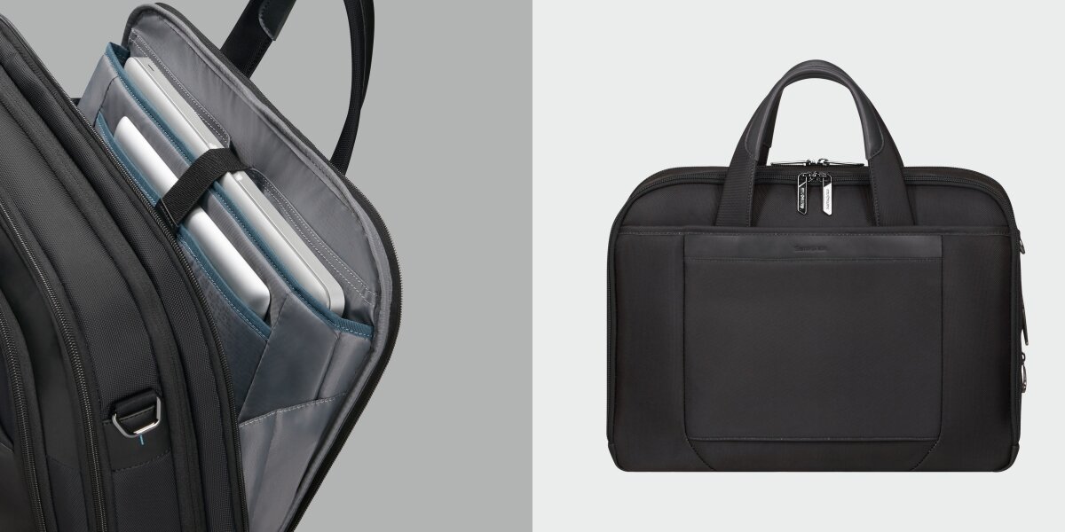 Ochrona laptopa i tabletu, komora na sprzęt, kieszenie na laptopa i tablet, torba od frontu na białym tle