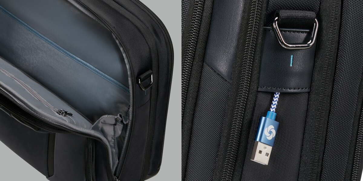 Dodatkowa przestrzeń bagażu, zamek umożliwiający poszerzenie komory głównej, kadr na otwartą torbę na szarym tle