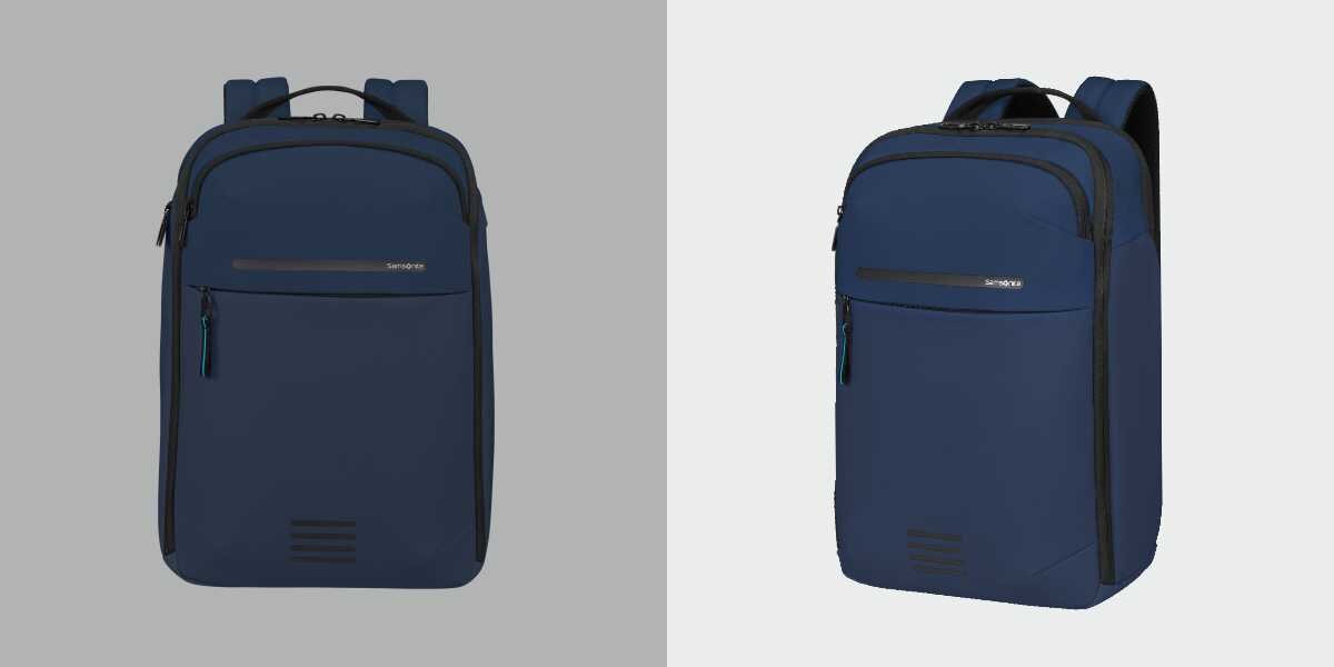Plecak na laptopa SAMSONITE Moderny 15.6 cali Niebieski Dwa widoki granatowego plecaka Samsonite: po lewej od przodu na szarym tle, po prawej z boku na biało-szarym tle. Plecak ma proste linie, szerokie ramiączka i widoczne logo.