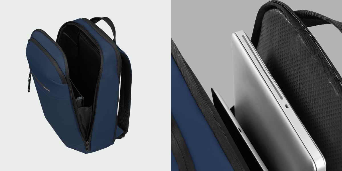 Plecak na laptopa SAMSONITE Moderny 15.6 cali Niebieski Dwa zbliżenia na granatowy plecak: po lewej otwarta główna komora z widoczną kieszenią na laptopa, po prawej rzut z góry z włożonym metalowym laptopem wewnątrz dedykowanej przegrody.