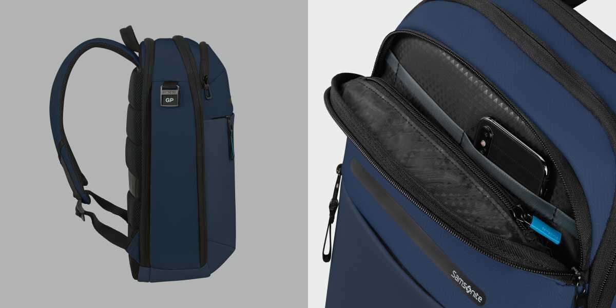 Plecak na laptopa SAMSONITE Moderny 15.6 cali Niebieski Dwa widoki granatowego plecaka: po lewej profil boczny z widocznym panelem na rzep na ramiączku, po prawej zbliżenie na górną, mniejszą kieszeń z widocznym wewnątrz smartfonem i wyjściem na słuchawki.