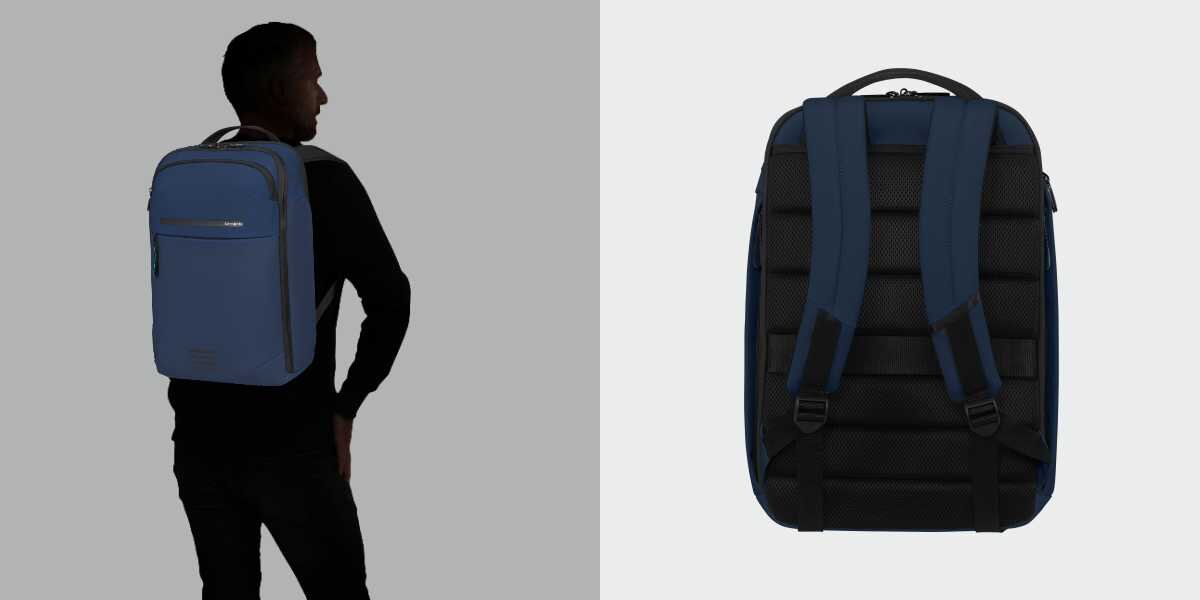Plecak na laptopa SAMSONITE Moderny 15.6 cali Niebieski Dwa widoki tyłu i na plecach: po lewej sylwetka mężczyzny tyłem z założonym granatowym plecakiem, po prawej rzut na tył plecaka z widocznymi ergonomicznymi ramiączkami i wyściełanym panelem tylnym.