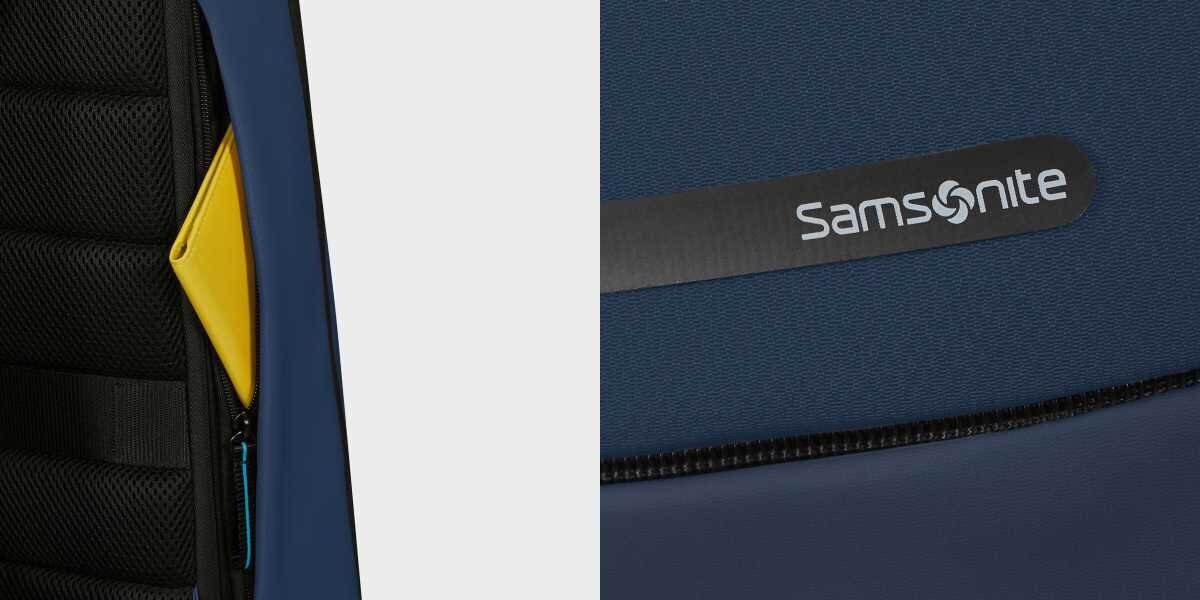 Plecak na laptopa SAMSONITE Moderny 15.6 cali Niebieski Dwa zbliżenia na szczegóły granatowego plecaka: po lewej zbliżenie na boczną kieszeń z włożonym żółtym portfelem i widocznymi turkusowymi elementami wykończenia, po prawej zbliżenie na metalowe logo Samsonite umieszczone na przednim panelu.