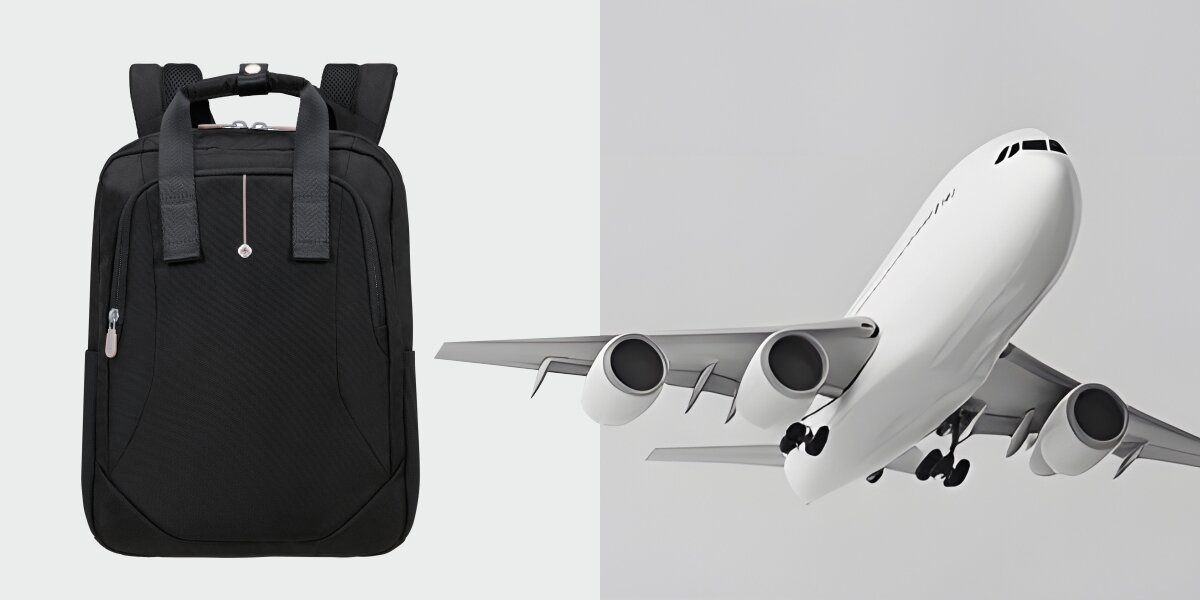 Plecak na laptopa SAMSONITE Guardit Classy 2.0 - Wymiary i pojemność, lekka konstukcja, plecak na szarym tle, samolot