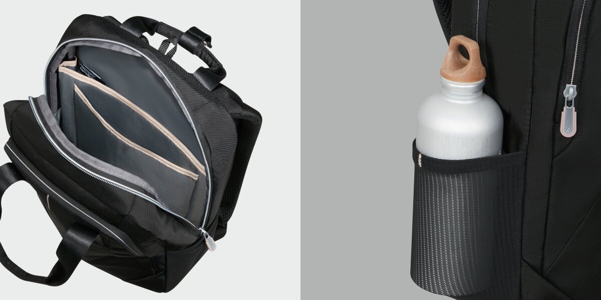 Plecak na laptopa SAMSONITE Guardit Classy 2.0 - Przemyślana organizacja, Wewnętrzne kieszenie, boczna komora na butelkę, plecak na szarym tle, butelka w komorze plecaka