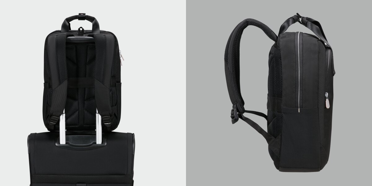 Plecak na laptopa SAMSONITE Guardit Classy 2.0 - Komfort użytkowania, Wzmocnione szelki, Smart Sleeve, plecak po boku na szarym tle, plecak zawieszony na rączce od walizki podróżnej
