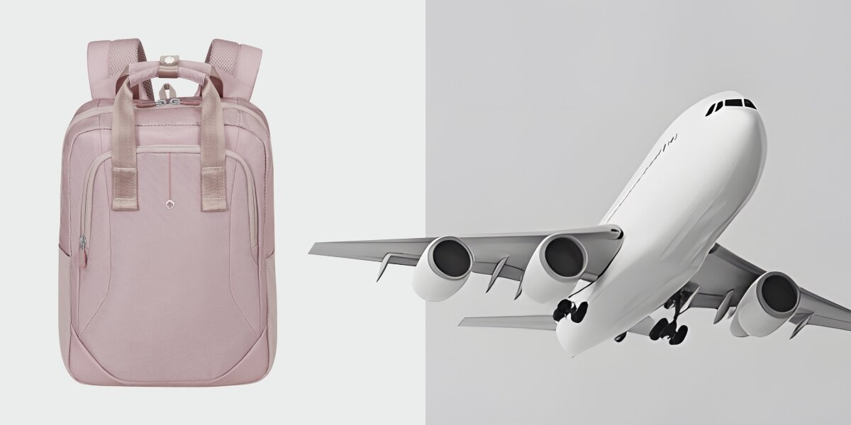 Plecak na laptopa SAMSONITE Guardit Classy 2.0 - Wymiary i pojemność, lekka konstukcja, plecak na szarym tle, samolot