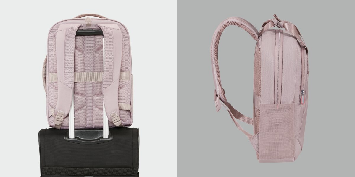 Plecak na laptopa SAMSONITE Guardit Classy 2.0 - Komfort użytkowania, Wzmocnione szelki, Smart Sleeve, plecak po boku na szarym tle, plecak zawieszony na rączce od walizki podróżnej