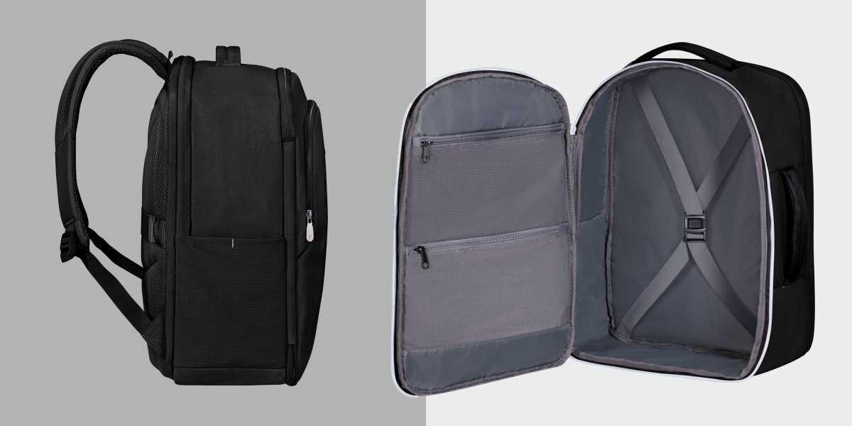 Plecak kabinowy SAMSONITE Guardit Classy 2.0 M - Wymiary i pojemność, waga, plecak z boku na szarym tle