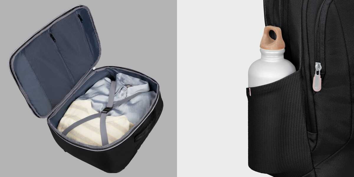 Plecak kabinowy SAMSONITE Guardit Classy 2.0 M - Przemyślana organizacja, komora na butelkę, otwarty plecak na szarym tle