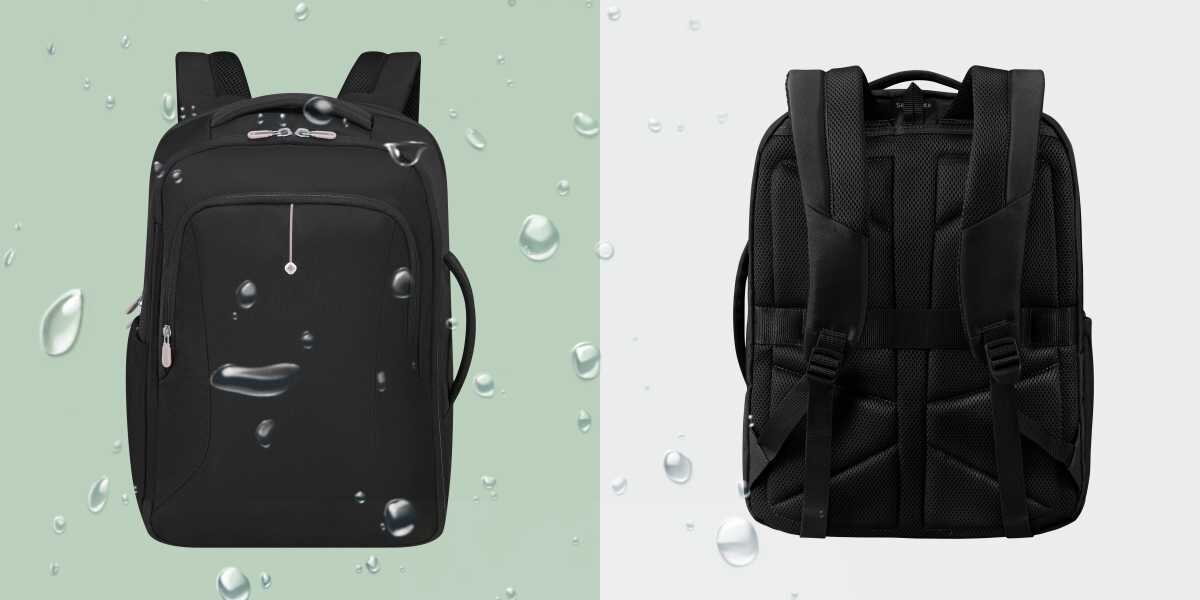 Plecak kabinowy SAMSONITE Guardit Classy 2.0 M - Materiały i detale, Hydrofobowy materiał, recykling, plecak od frontu w kroplach deszczu na zielonym tle
