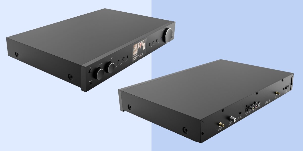 Tuner HAMA DIT2105 - Wszechstronne źródła dźwięku, FM, DAB/DAB+ oraz radio internetowe, tuner po skosie na niebieskim tle