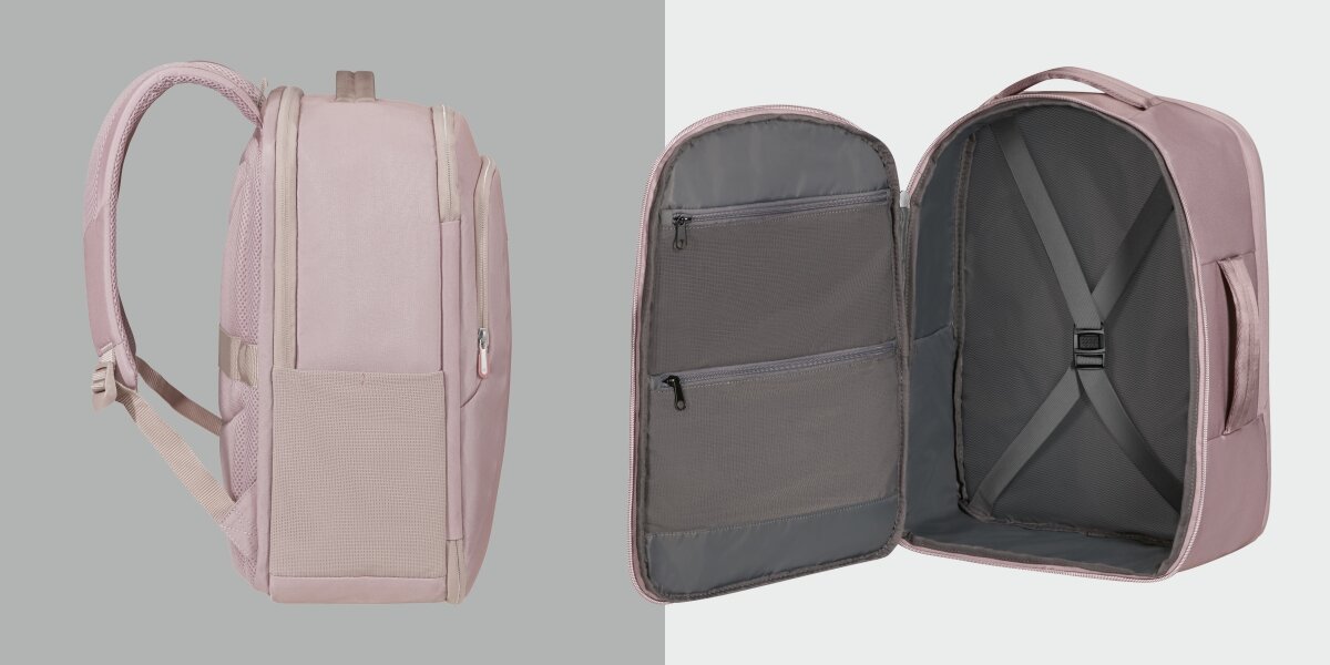 Plecak kabinowy SAMSONITE Guardit Classy 2.0 M - Wymiary i pojemność, waga, plecak z boku na szarym tle