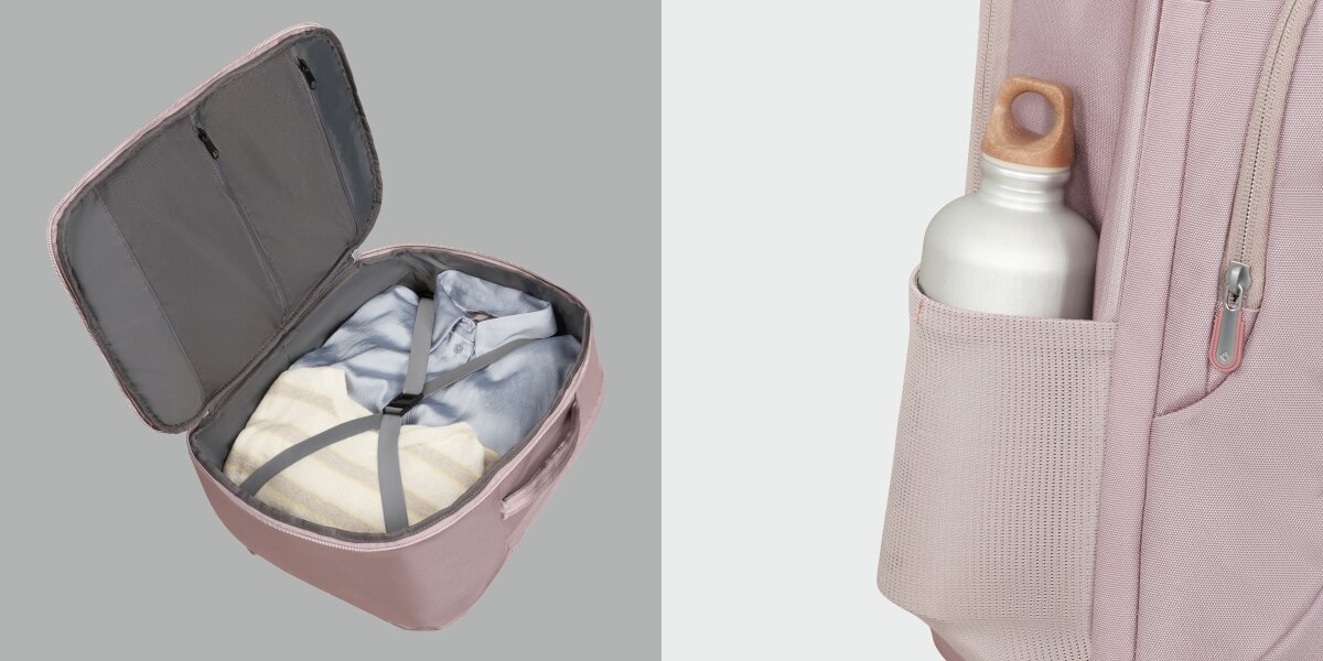 Plecak kabinowy SAMSONITE Guardit Classy 2.0 M - Przemyślana organizacja, komora na butelkę, otwarty plecak na szarym tle