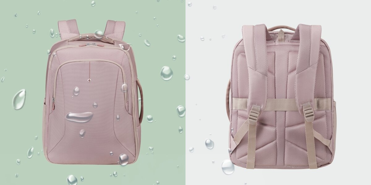 Plecak kabinowy SAMSONITE Guardit Classy 2.0 M - Materiały i detale, Hydrofobowy materiał, recykling, plecak od frontu w kroplach deszczu na zielonym tle