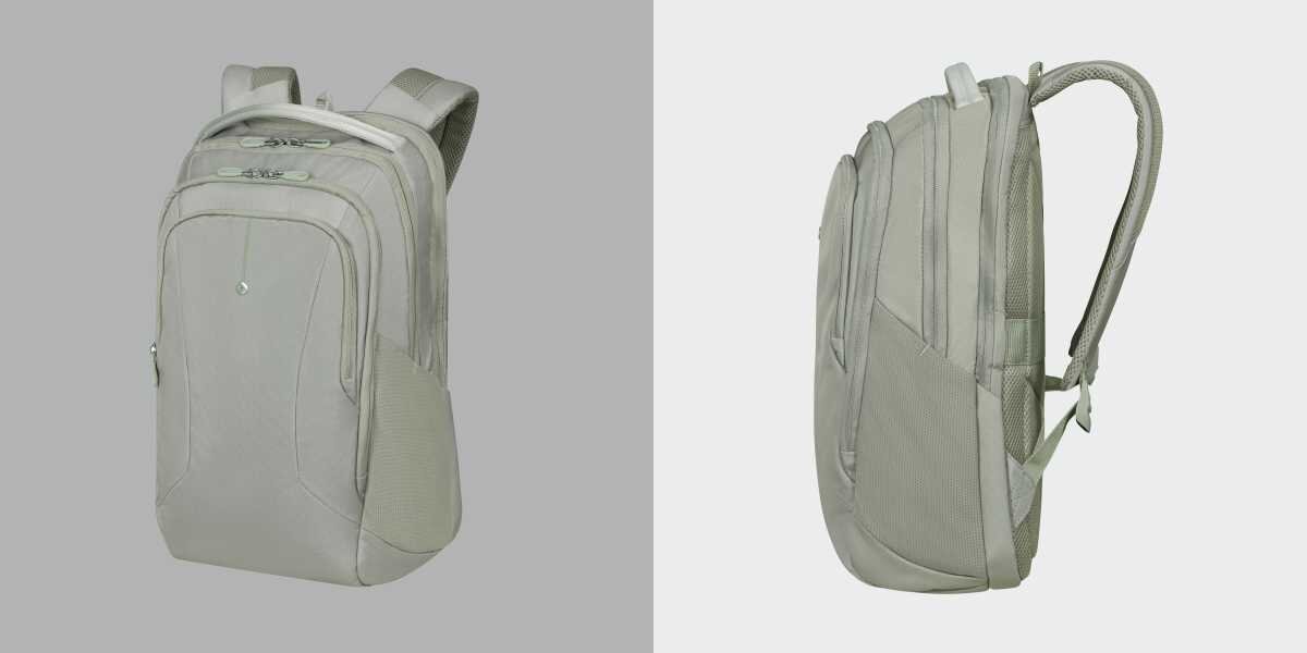 Plecak na laptopa SAMSONITE Guardit Classy 2.0 15.6 cali Szałwiowy Plecak biznesowy na laptopa widziany z przodu oraz z boku prezentujący profil i regulowane szelki.