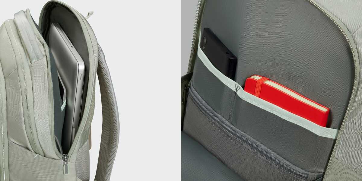 Plecak na laptopa SAMSONITE Guardit Classy 2.0 15.6 cali Szałwiowy Wnętrze plecaka z otwartą przegrodą na laptopa oraz kieszenią organizera z telefonem i czerwonym notesem.
